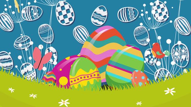 The video features vibrant animated Easter eggs with various colorful patterns in a grassy field. Butterflies and a bird are also animated, adding a lively touch against a bright blue sky background. Ideal for festive greeting cards, children’s artwork, and spring-themed decorations.