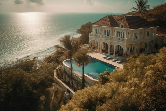 Stunning luxury villa perched on a cliff with breathtaking ocean views and an infinity pool. Tropical palm trees frame the grand mansion, which is beautifully designed in a Mediterranean style. Perfect for upscale vacation home rentals, travel promotions, and real estate listings showcasing premier remote living. Great for marketing serene holiday experiences and exclusive getaway destinations.