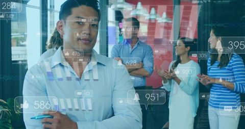 Confident Professional Manager in Modern Office With Social Media Overlay