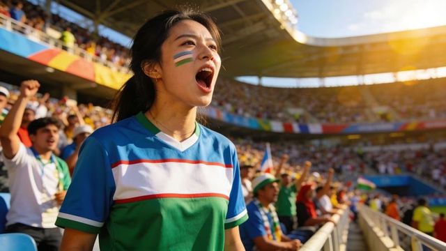 Asian woman cheering in stadium wearing blue green white jersey and face paint