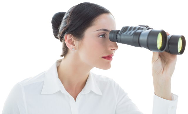 Transparent Business Woman Peering through Binoculars in Professional Setting - Download Free Stock Videos Pikwizard.com