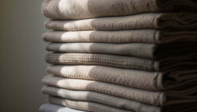 Neutral stacked linen towels showing terry texture in soft side light for minimal decor