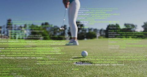 Golfer analyzing putt with technology overlay on green