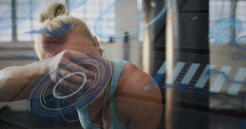 Pausing Intense Workout Woman Leaning Forward Wearing Earbuds with Futuristic HUD Overlay