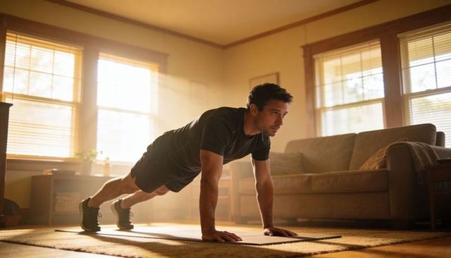 Man performing plank in sunlit living room, home workout for core strength and fitness