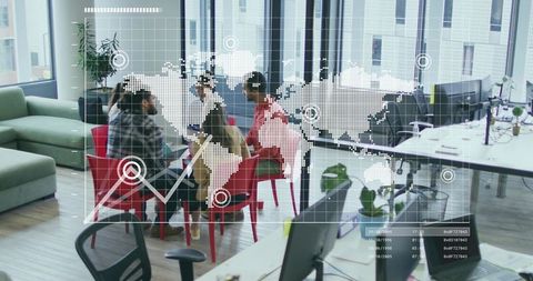 Innovative team meeting with digital map overlay in modern office