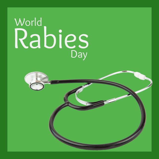 Banner promoting World Rabies Day with a stethoscope on a vibrant green background. Ideal for health organizations, clinics, and campaigns aiming to raise awareness about rabies prevention and vaccination programs. Use in social media posts, websites, and educational materials to spread important public health messages.