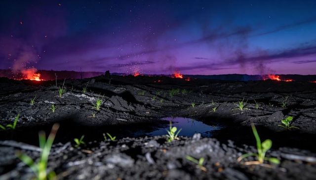 Lava plain sprouting green shoots under glowing lava flows, purple twilight sky