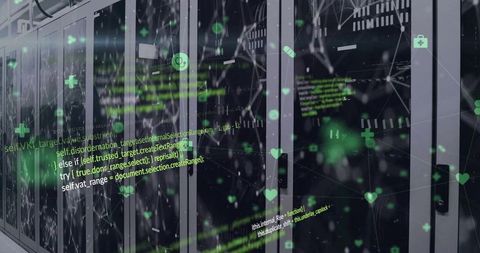 Server Racks with Floating Green Code and Health Icons for Digital Healthcare Security
