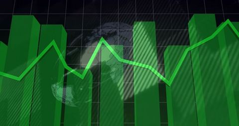 Futuristic green financial dashboard showing 3d bar chart with neon line and globe