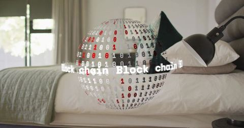Hovering holographic blockchain globe over minimalist bedroom with binary projection
