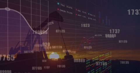 Oil Pumpjack with Stock Market Data Reflecting Energy Sector Trends