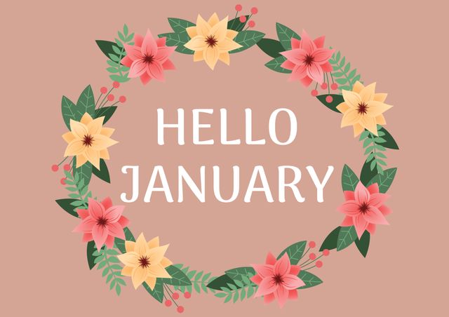 Digital composite image of hello january text inside floral wreath against colored background. creativity and celebration.