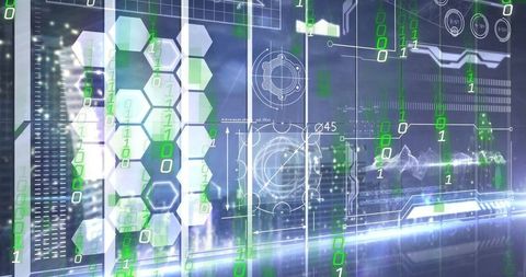 futuristic digital interface over cityscape with binary code elements - Download Free Stock Images Pikwizard.com