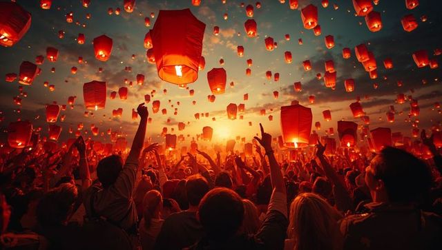 Sky Lantern Festival at Dusk with Enthusiastic Crowd