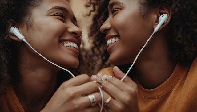 Sharing earbuds smiling warm closeup of two friends connecting through music and laughter