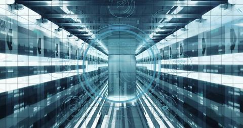 Futuristic data center with virtual hud overlays