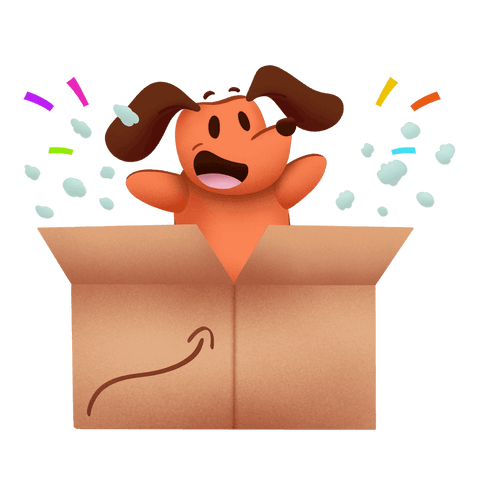 Playful orange cartoon dog in box on transparent background