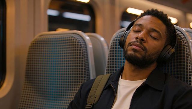 Commuter sleeping with headphones during evening train commute, relaxed urban travel
