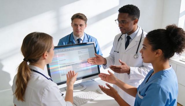 Multidisciplinary medical team reviewing electronic medical record on clinic workstation