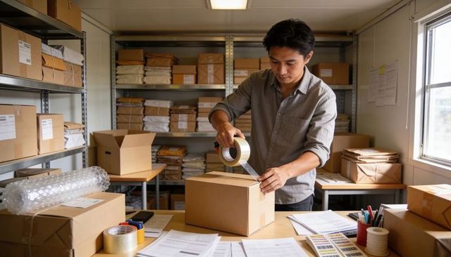 Small business packing orders sealing cardboard boxes with clear packing tape in warehouse