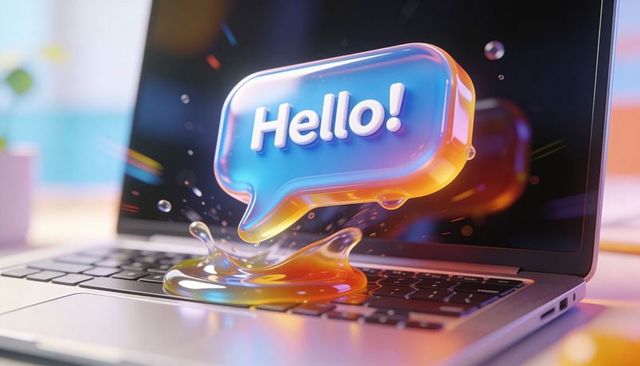 Holographic hello speech bubble splashing onto laptop keyboard colorful liquid 3d chat