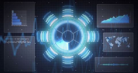 Projecting circular hud with data visualization, ecg waveform and global analytics panel