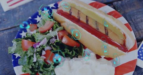 Patriotic americana hot dog with salad and energy icons