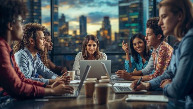 Diverse team collaborating in modern boardroom with cityscape background