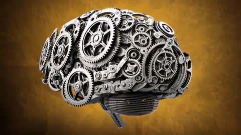 Rotating gear-brain revealing interlocking gears and brainstem on golden backdrop