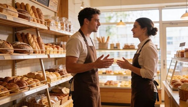 Two bakers discussing shift plans in rustic daylit bakery showing teamwork and fresh bread