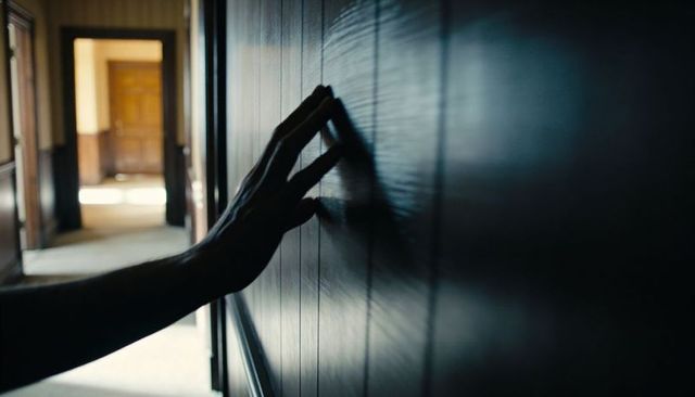 Pressing hand touching wood wall in dim narrow hallway creating suspenseful silhouette