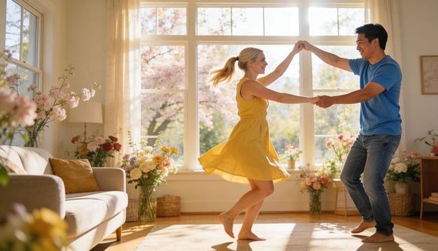 Sunlit living room couple twirling in yellow dress and blue tee, romantic indoor dance