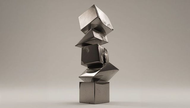 Balancing metallic cube sculpture in minimalist studio