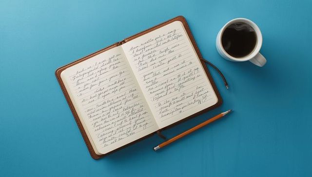 Notebook with Handwritten Notes and Coffee on Teal Desk