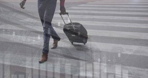 Businessman Walking at Airport with Graph Overlay