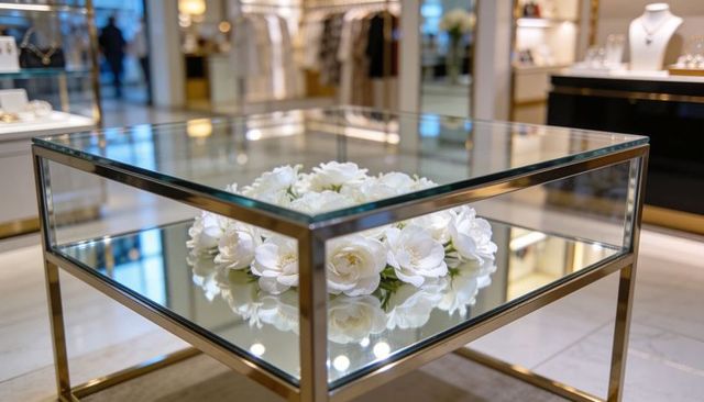 Mirrored glass display table reflecting white flowers in elegant luxury boutique interior