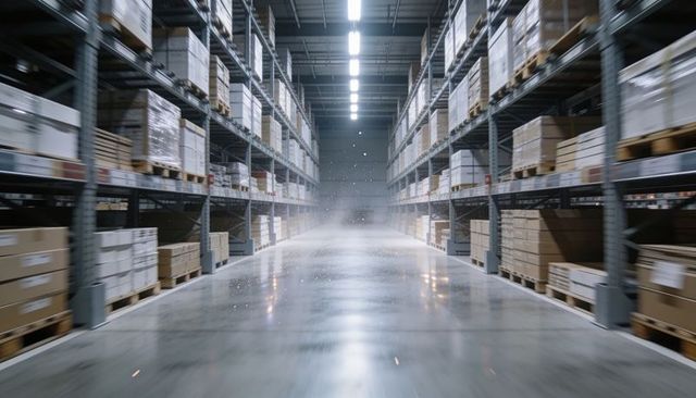 Reflecting warehouse aisle highlighting polished concrete floor and industrial pallet racks