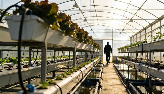 Worker walking down hydroponic greenhouse aisle backlit silhouette at golden hour