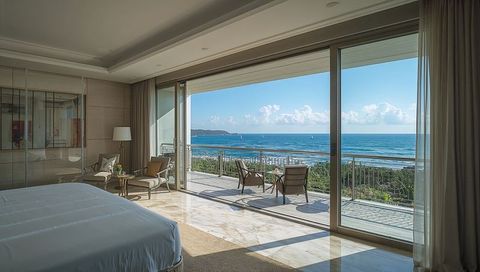 Sunlit oceanfront bedroom opening onto balcony with marble floors, sailboats on horizon