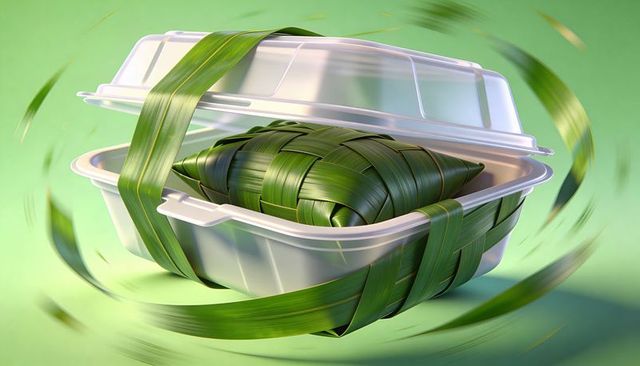 Woven leaf parcel sitting inside clamshell takeout container wrapped in palm ribbons