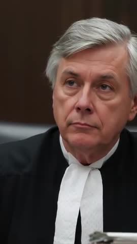 Vertical courtroom video showing judge listening and glancing at papers in robe with white tabs