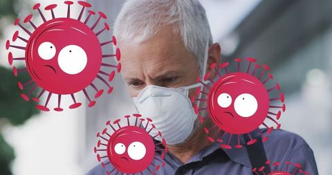 Senior man wearing face mask surrounded by illustrated virus cells