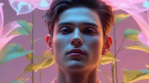 Asian Model in Serene Setting with Glowing Lotus Flowers