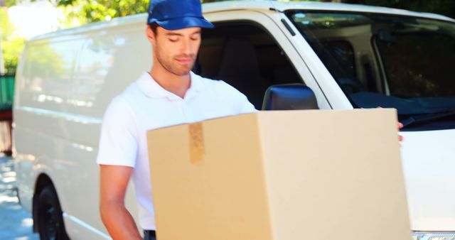 Delivery worker carrying large package by white delivery van outdoors. Idea for logistics, courier service, transportation industry content, or shipping-related advertising.
