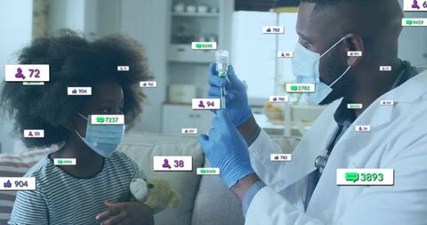 Pediatric clinician preparing vaccine at home for child while feedback icons floating