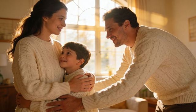 Cozy family hugging in sunlit living room wearing cream cable knit sweaters with warm golden light