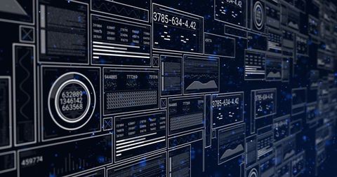 Futuristic data dashboard wall showing floating analytics panels, line charts and gauges