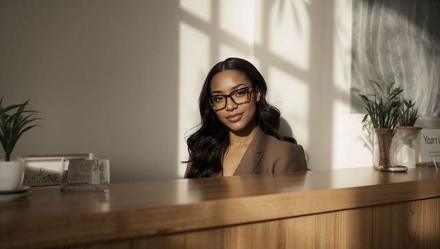 Sunlit modern receptionist at wooden desk wearing glasses and brown blazer in warm natural lobby