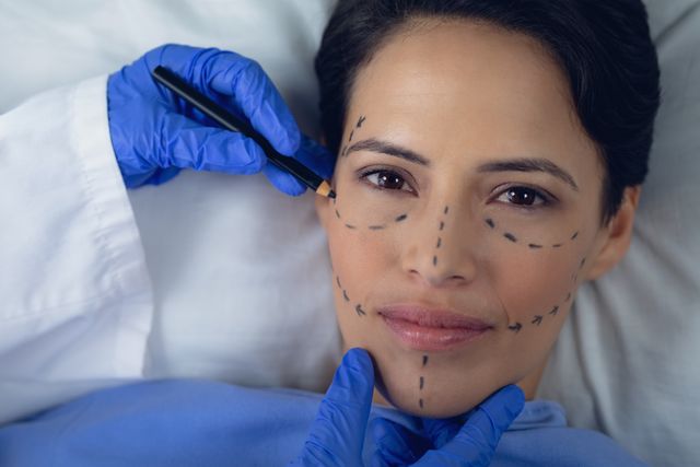 A woman lying down while a surgeon marks her face with a marker in preparation for cosmetic surgery. This image can be used to illustrate medical procedures related to plastic surgery, cosmetic enhancements, or healthcare services. It is suitable for articles, brochures, and websites focused on medical treatments and patient care.